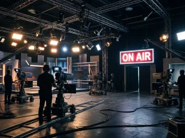 A professional TV studio stage with cameras and lights during a live production.