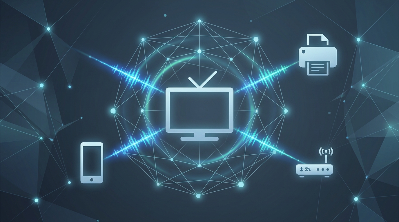 Abstract visualization of a smart TV connected to other devices on a local home network.
