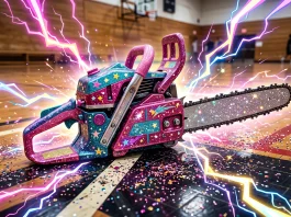 A pink sparkly chainsaw on a high school gymnasium floor with stylized effects.