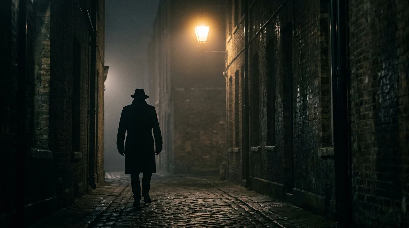 A silhouette of a person in a foggy London alleyway.