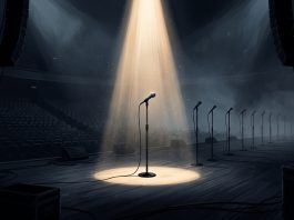 A lone microphone stand on an empty concert stage under a single spotlight.