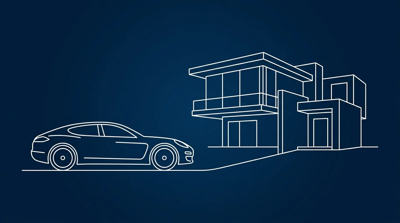 A minimalist graphic depicting luxury real estate and a vehicle.