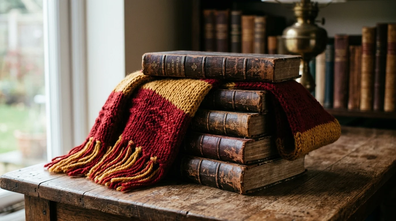 A red and gold scarf on top of ancient books