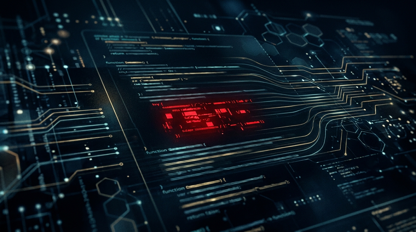 Abstract visualization of malicious script injection in a code editor.