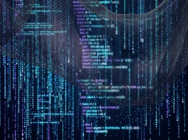 Conceptual image of digital code being obscured by a dark mesh overlay