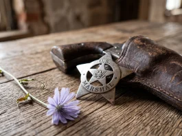 A U.S. Marshal badge and a wildflower on a wooden surface.