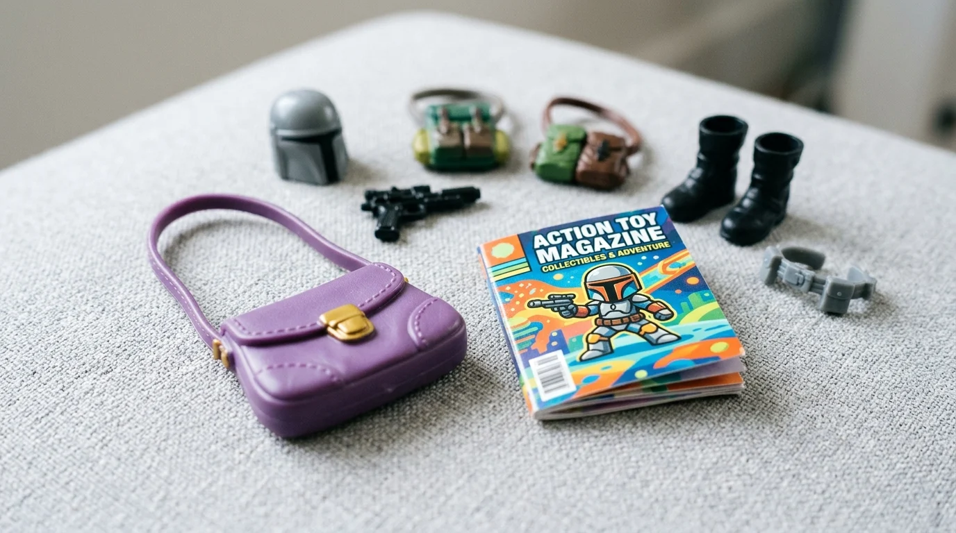 Conceptual close-up of toy accessories including a purse and magazine.