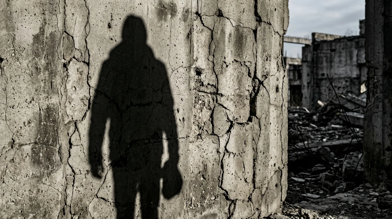A shadow cast on a crumbling urban wall representing a looming threat.
