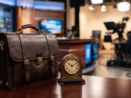 A professional legal briefcase and desk clock on a wooden table.