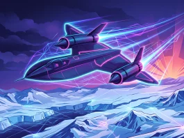 A conceptual illustration of an SR-71 Blackbird flying over a snowy landscape.