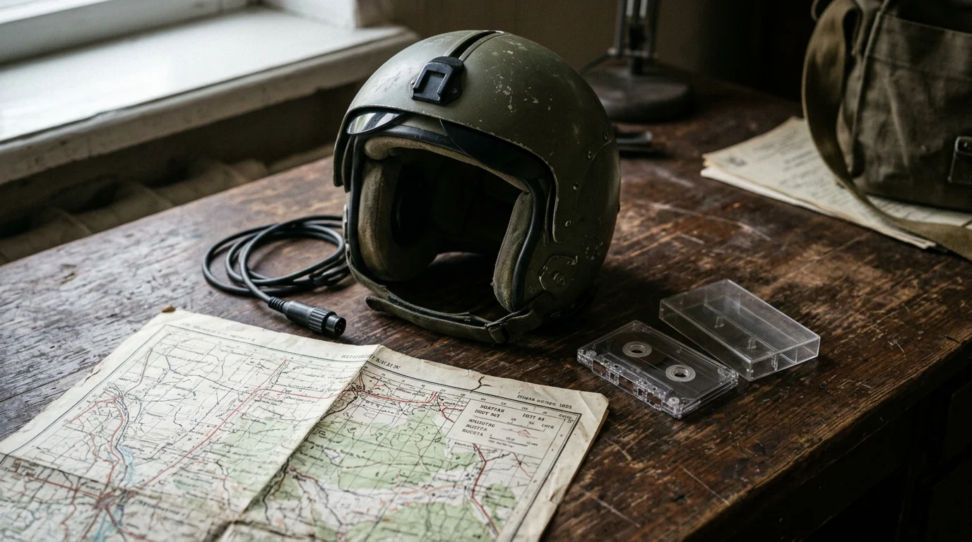 A 1980s flight helmet and retro accessories.