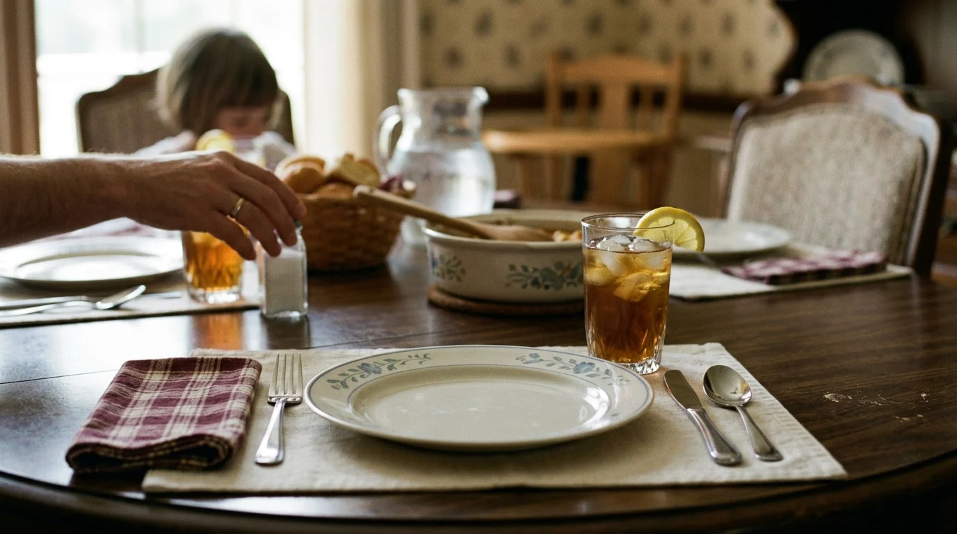 A conceptual photo of a dinner table setting from the 1990s.