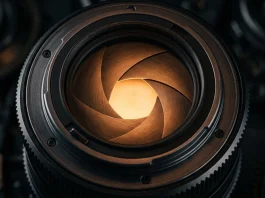 A conceptual depiction of a mechanical camera iris with metallic blades.