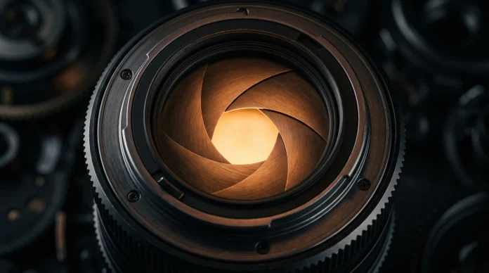 A conceptual depiction of a mechanical camera iris with metallic blades.
