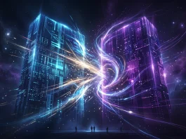 An abstract conceptual representation of a massive corporate media merger between two digital entities.
