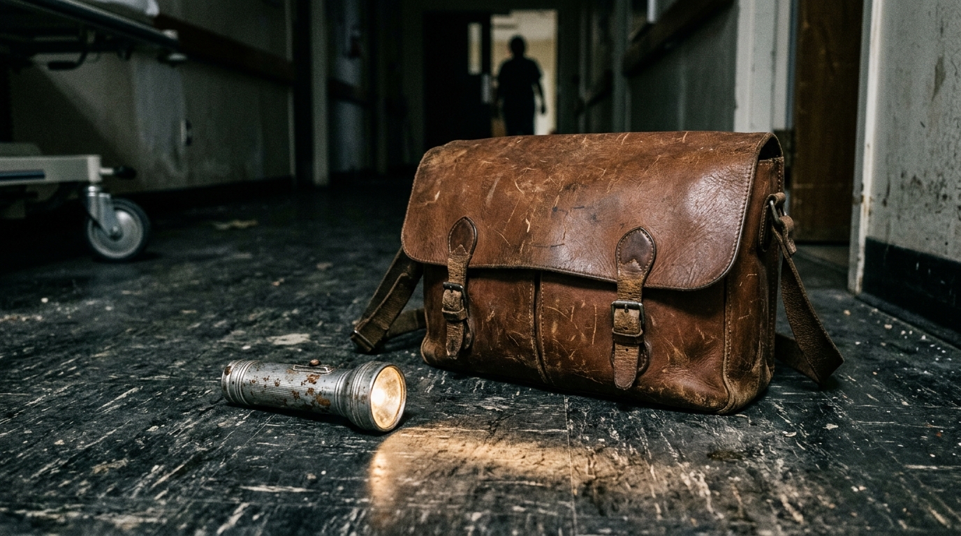 A medical courier bag and a flashlight on a grime-covered floor.
