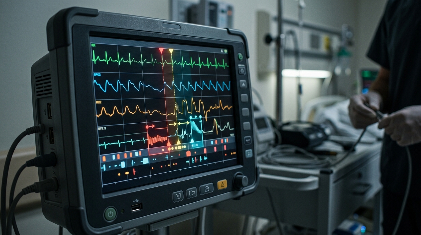 Abstract digital medical logs showing procedure timeline data