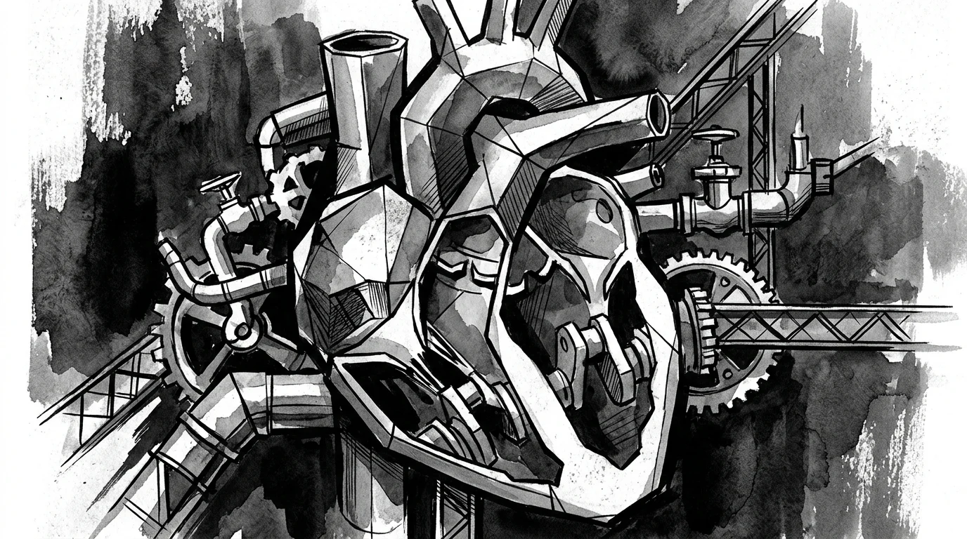 Abstract black and white art merging a heart with industrial gears.