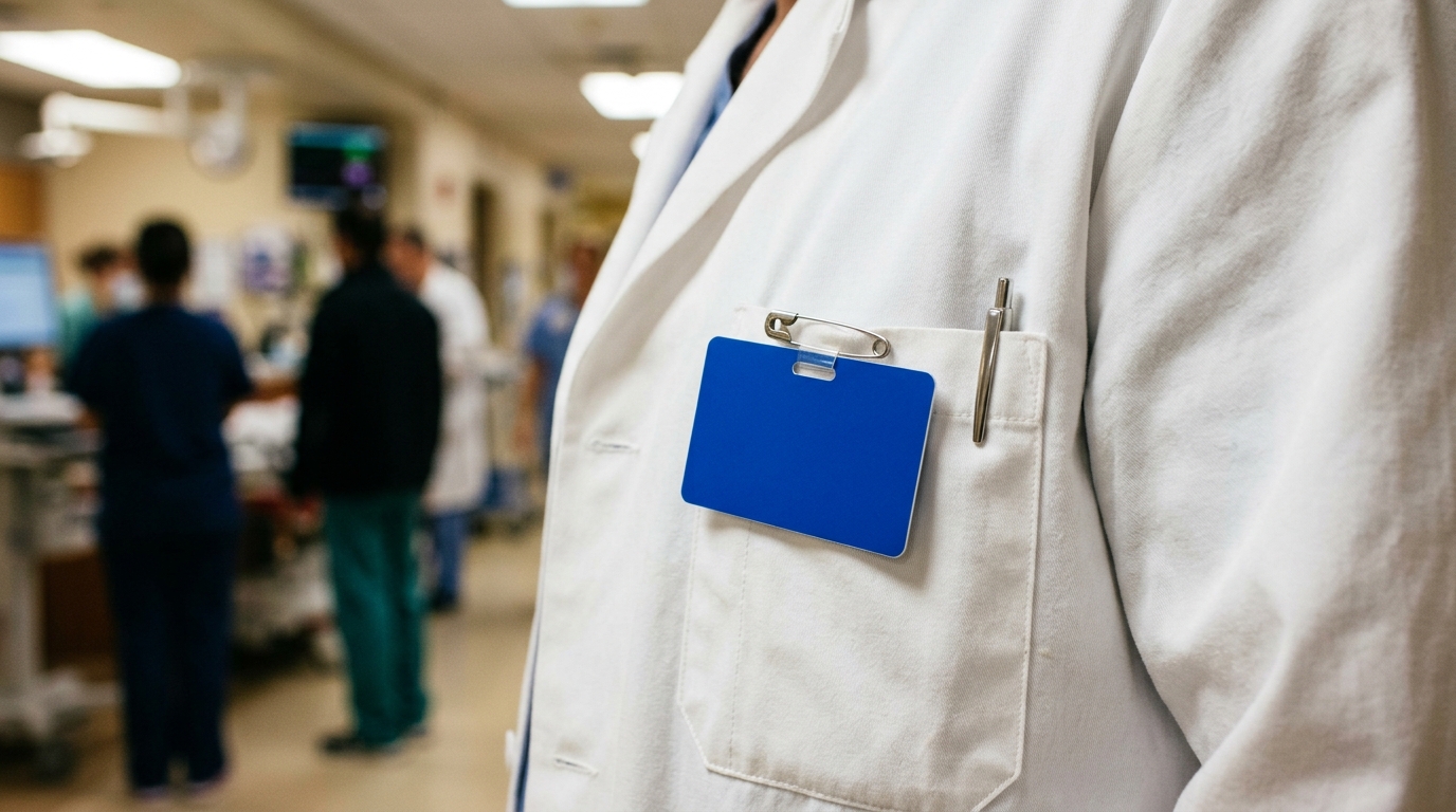 Close up of a doctor's lab coat and ID badge.