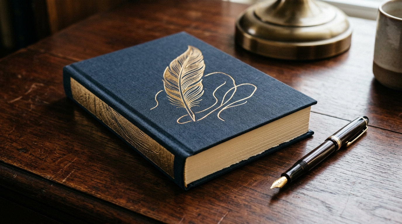 A conceptual image of a memoir and a pen on a desk.