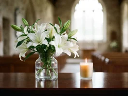 A lit candle and white lilies on a dark reflective surface.
