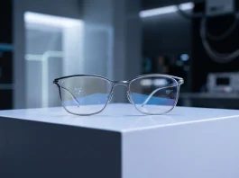 Conceptual lightweight smart glasses on a display stand with blue lighting.