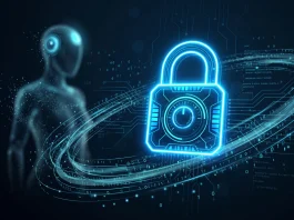 A conceptual digital lock surrounded by glowing data streams representing AI security.