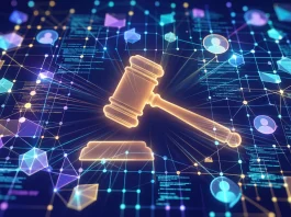 A conceptual digital illustration of a legal gavel and social media data networks.