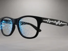 A conceptual 3D render of eyewear showing visual data being deleted while audio data remains active.
