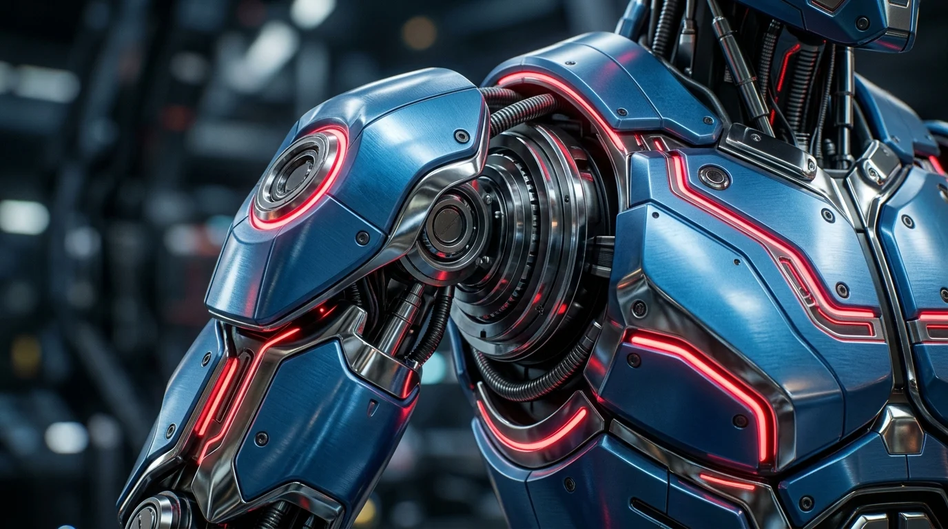 Sleek metallic blue and chrome textures with red lighting.