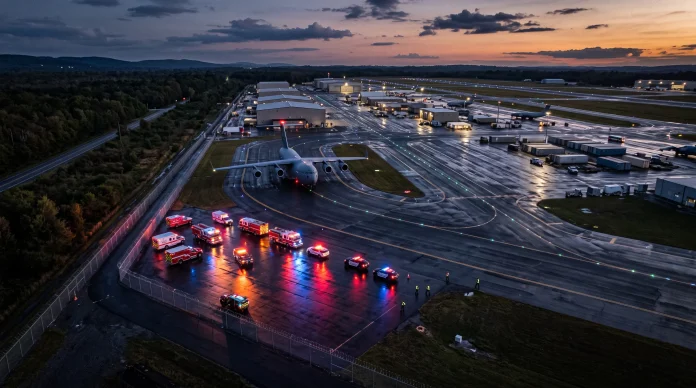 Conceptual aerial view of an airfield with emergency response lights at twilight.
