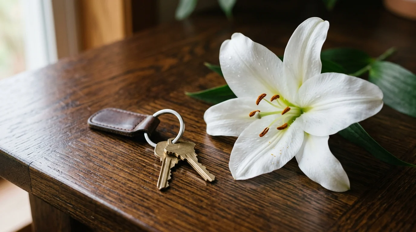 Conceptual image of house keys and a white flower