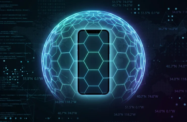 Conceptual illustration of a mobile device protected by a digital security shield against tracking.