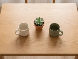 Minimalist table setting with mugs and a plant