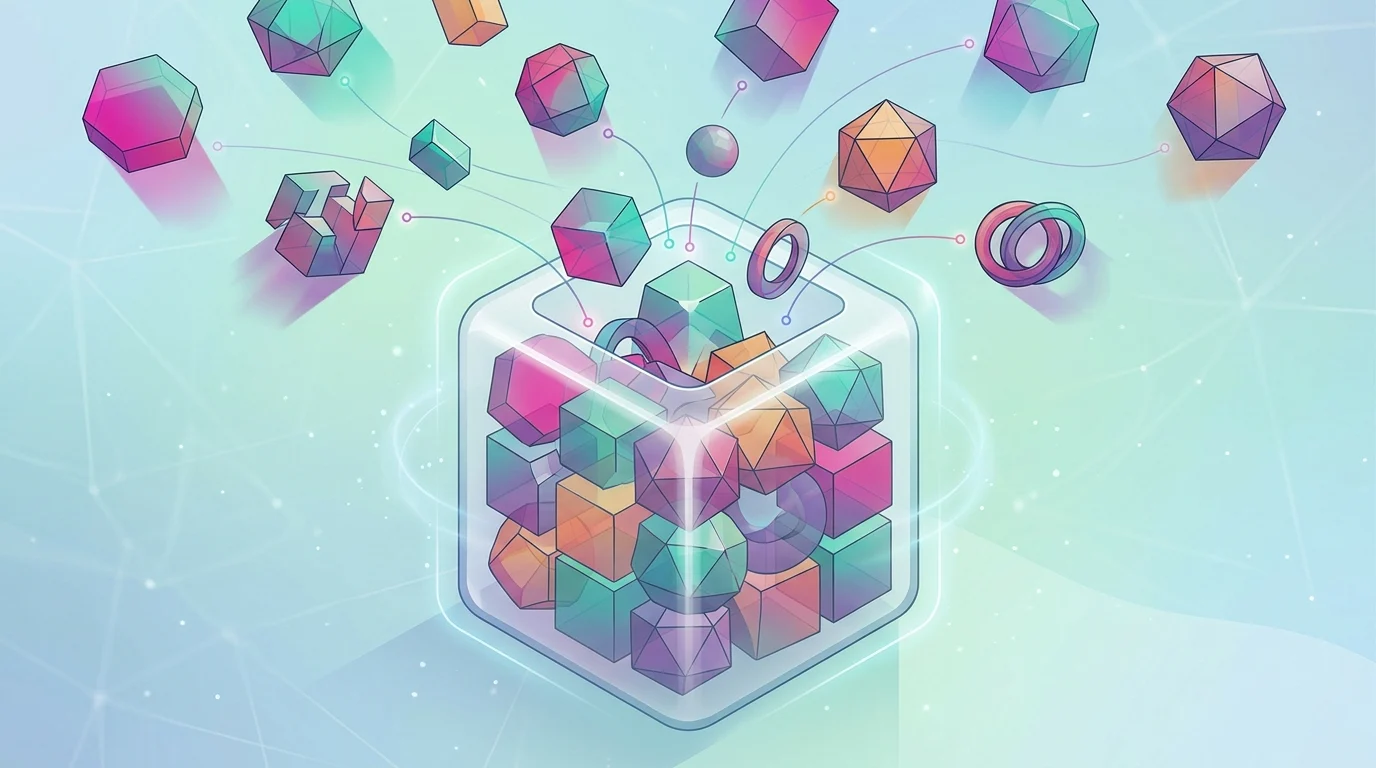 Abstract geometric shapes representing various digital services merging into one unit to represent mixed carts.