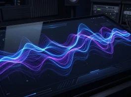 Conceptual abstract audio waveforms on a digital dark mode interface.