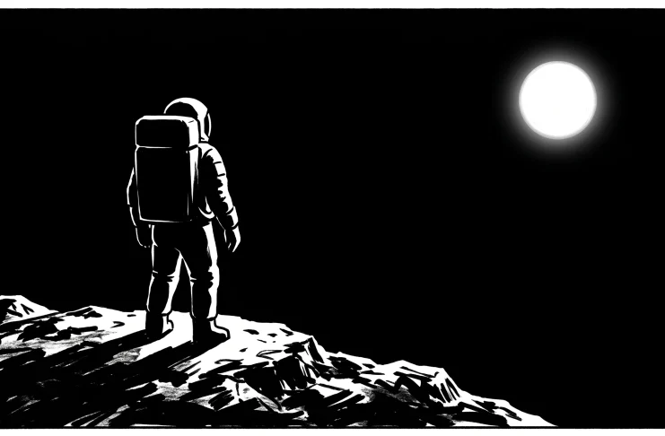 Conceptual monochrome illustration of a solitary astronaut on an asteroid.