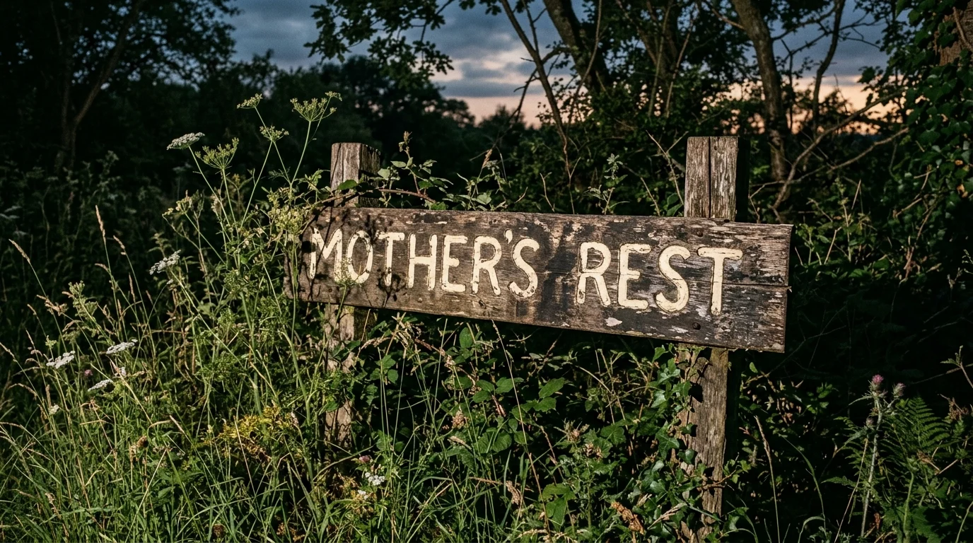 A distressed town sign for Mother's Rest in a rural field.