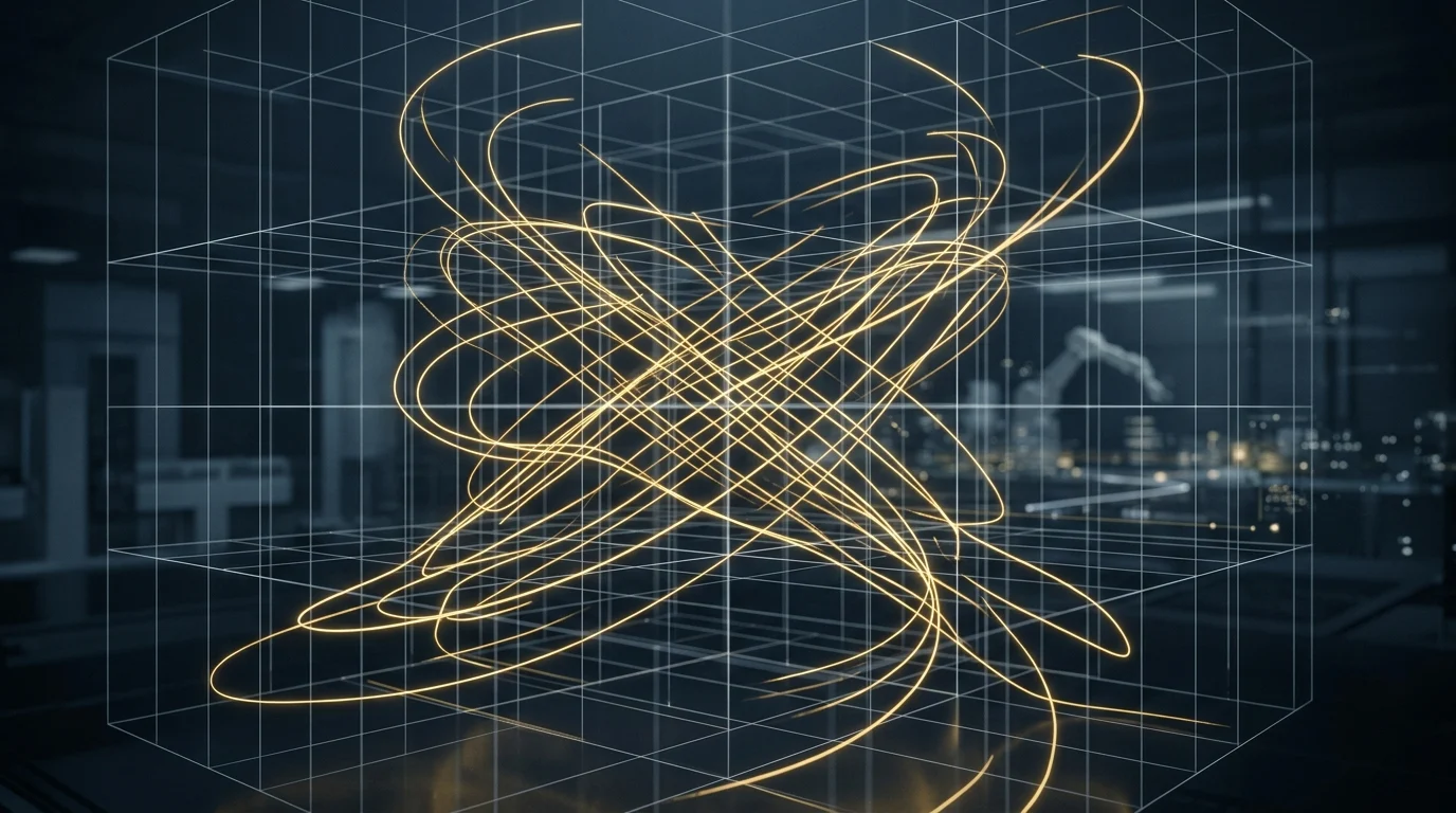 Abstract visualization of 3D motion data capture paths.