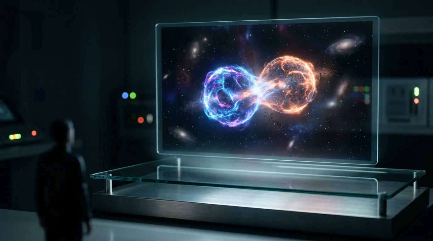 A digital visualization of two universes colliding on a monitor.