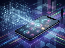 Conceptual art showing the transition from digital blueprints to a polished mobile app interface.