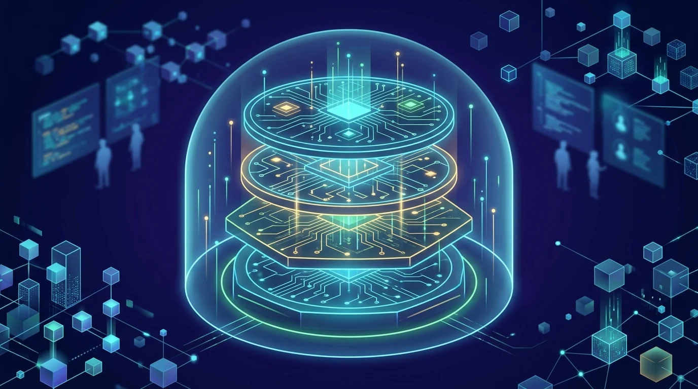 An abstract visualization of a cloud-based secure virtual machine environment.