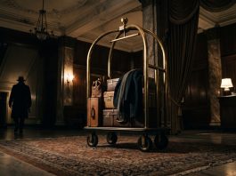 A brass hotel luggage cart in a dark lobby.