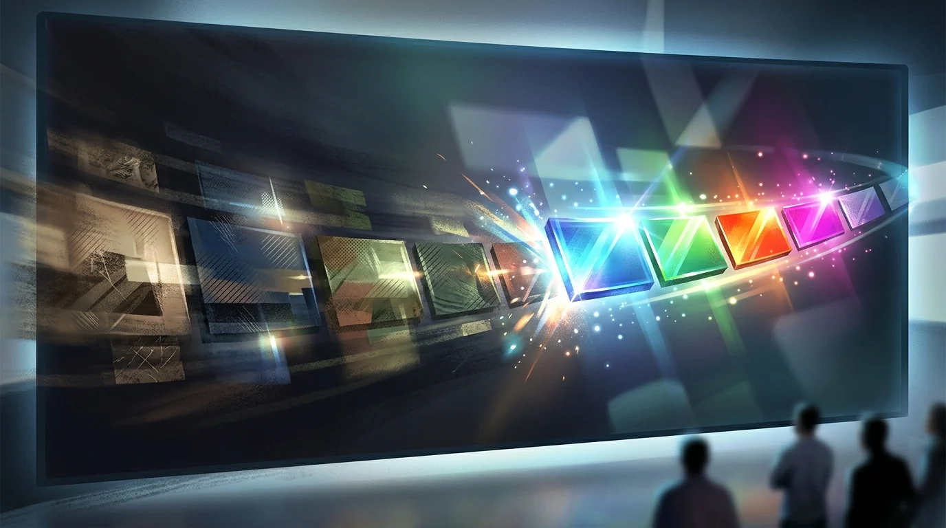 A conceptual digital timeline representing the transition between different eras of a television series.