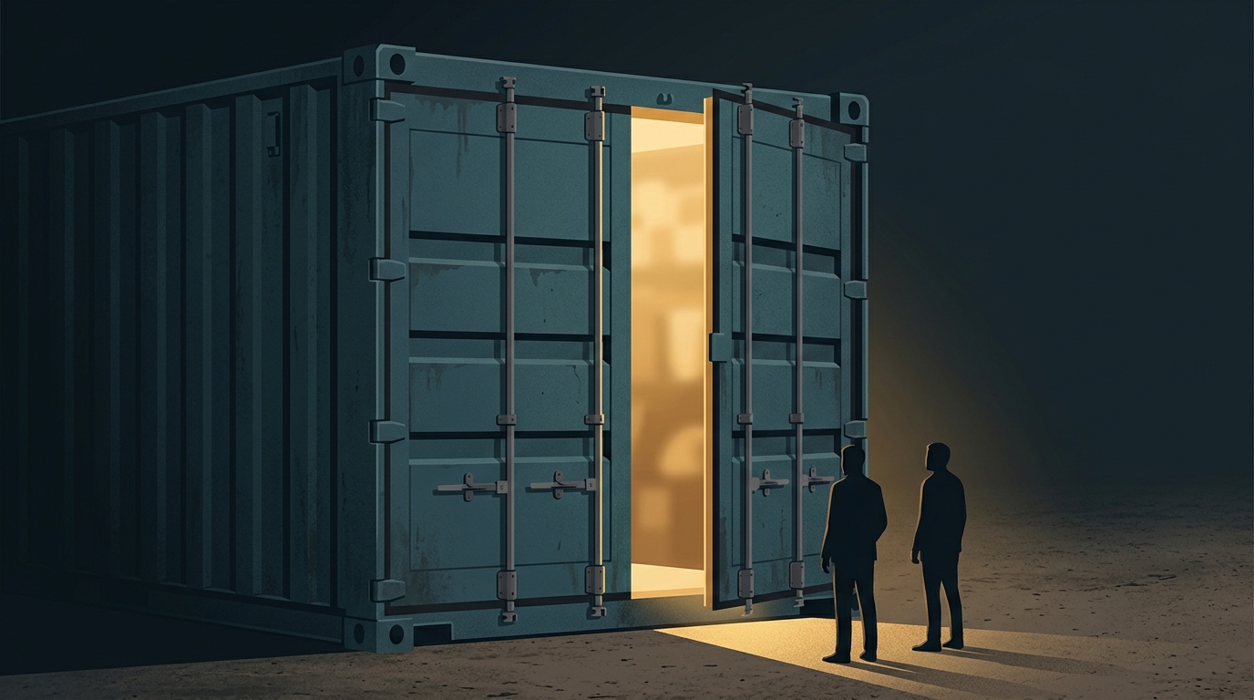 A conceptual graphic of a shipping container door.