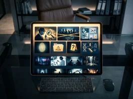 A conceptual digital tablet showing a streaming interface with crime investigation elements.
