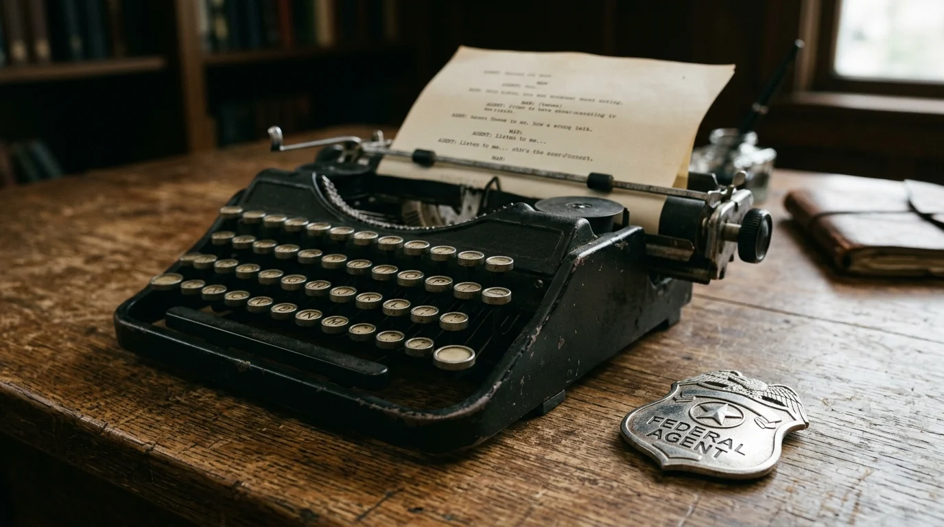 A typewriter with a script and a law enforcement badge on a desk.