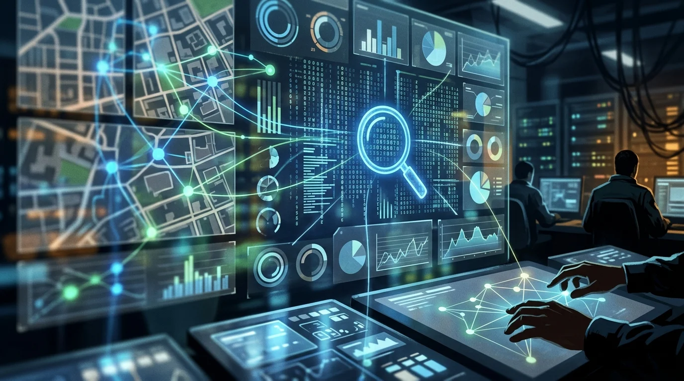 A conceptual view of a high-tech digital investigation board.