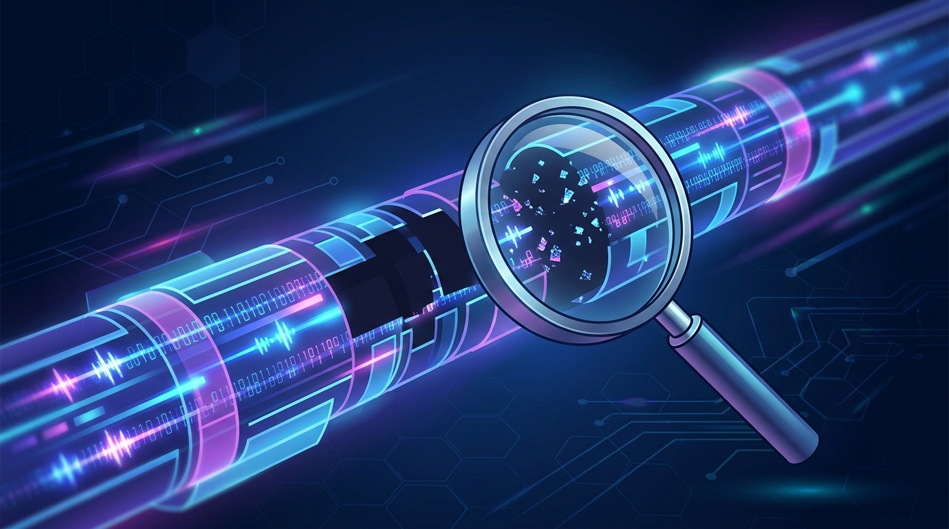 Abstract digital pipeline representing a data vulnerability being inspected under a lens.