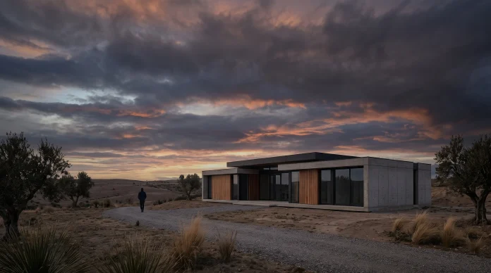 A conceptual view of a new home under a twilight sky